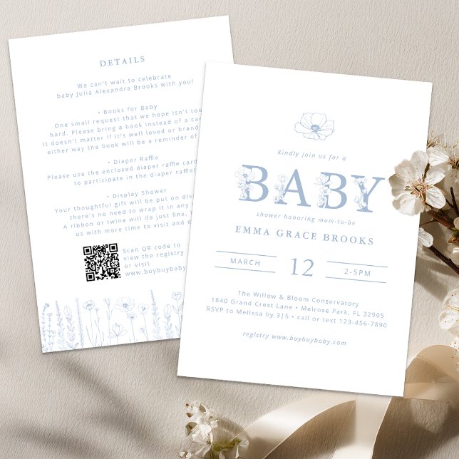 Dusty Blue Wildflower Baby Shower All-in-One Invitation (Dusty Blue Baby Shower Invite)
