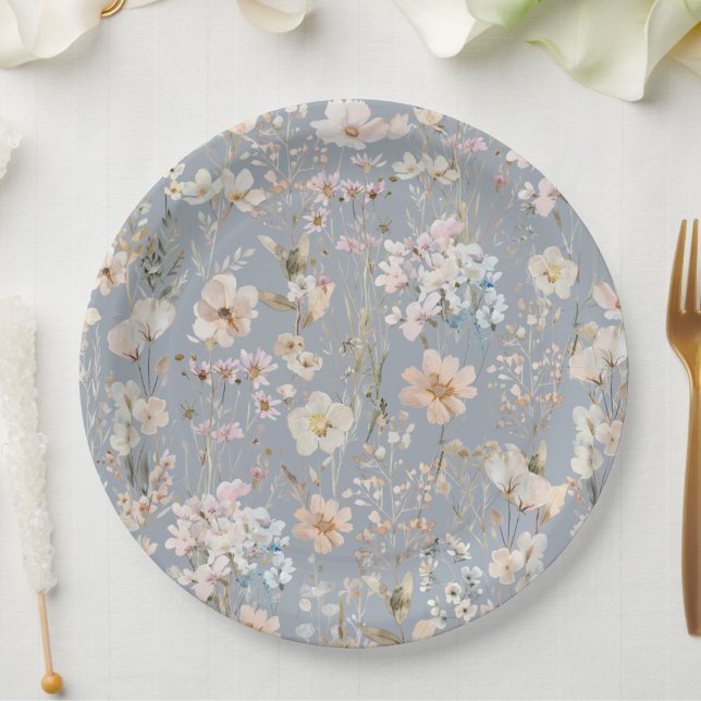 Dusty Blue Wildflower Baby Shower  Paper Plates (Creator Uploaded)