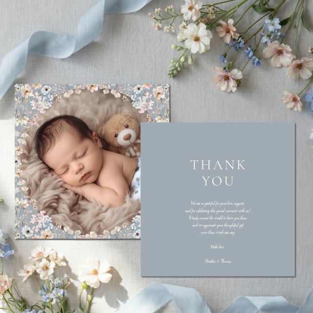 Dusty Blue Wildflower Baby Shower Photo Thank You Card (Creator Uploaded)