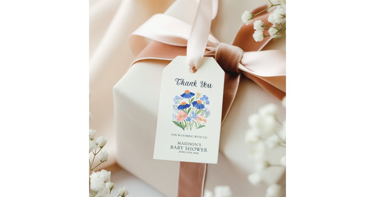 Dusty Blue Wildflower Baby Shower Thank You Gift Tags | Zazzle