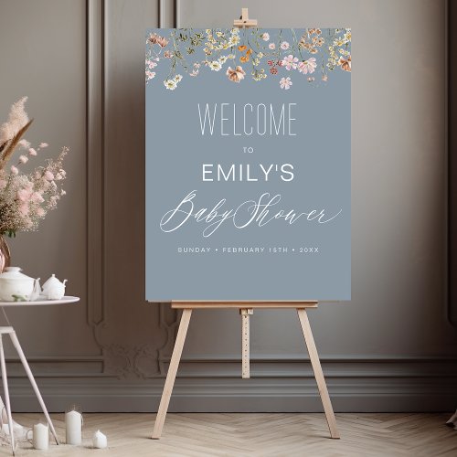 Dusty Blue Wildflower Baby Shower Welcome Sign by Pretty Girly Designs