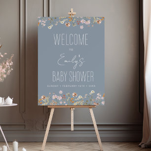 Dusty Blue Wildflower Baby Shower Welcome Sign