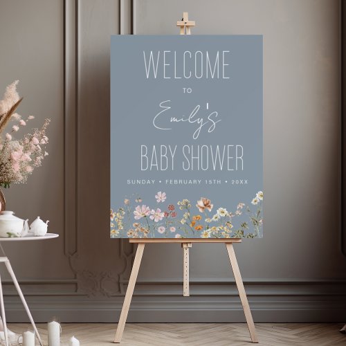 Dusty Blue Wildflower Baby Shower Welcome Sign