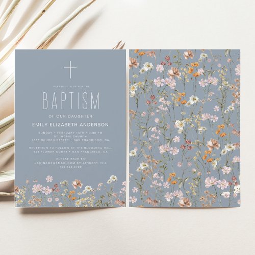 Dusty Blue Wildflower Baptism Garden In Bloom  Invitation