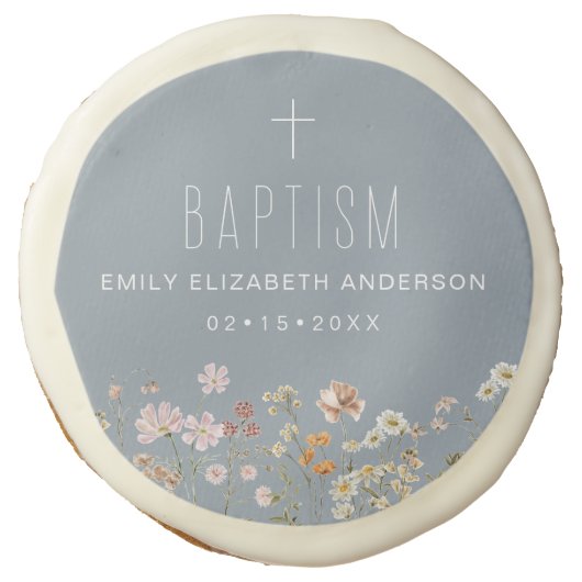 Dusty Blue Wildflower Baptism Garden In Bloom Sugar Cookie (Front)