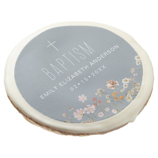 Dusty Blue Wildflower Baptism Garden In Bloom Sugar Cookie (Angled)