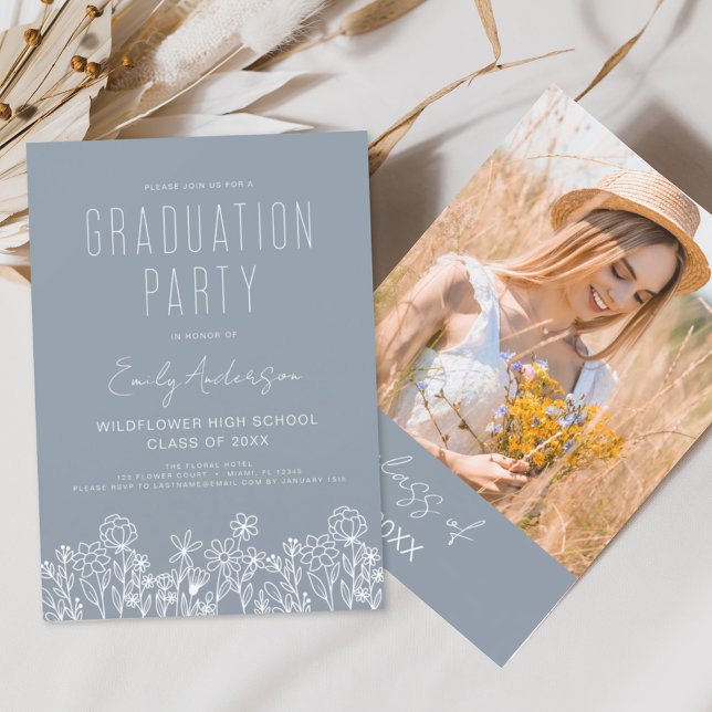 Dusty Blue Wildflower Bloom Graduation Party Boho Invitation (Creator Uploaded)