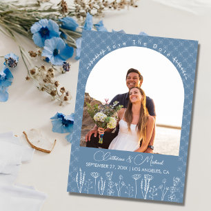 Dusty Blue Wildflower Bohemian Arch Wedding Save The Date