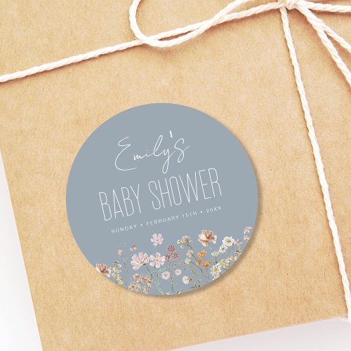 Dusty Blue Wildflower Boho Baby Shower In Bloom Classic Round Sticker