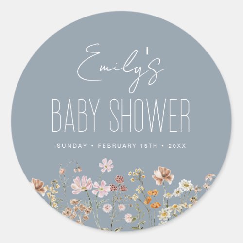 Dusty Blue Wildflower Boho Baby Shower In Bloom Classic Round Sticker