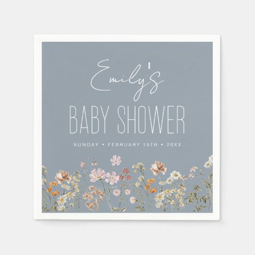 Dusty Blue Wildflower Boho Baby Shower in Bloom Napkins by Pretty Girly Designs