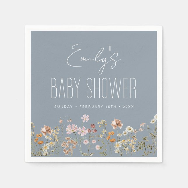 Dusty Blue Wildflower Boho Baby Shower In Bloom Napkins (Front)