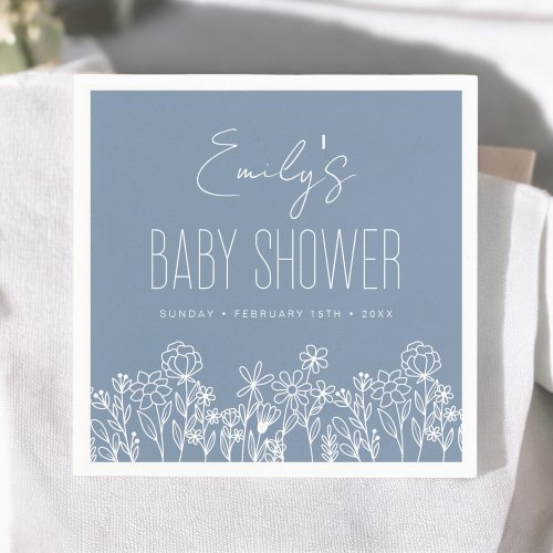 Dusty Blue Wildflower Boho Baby Shower In Bloom Napkins