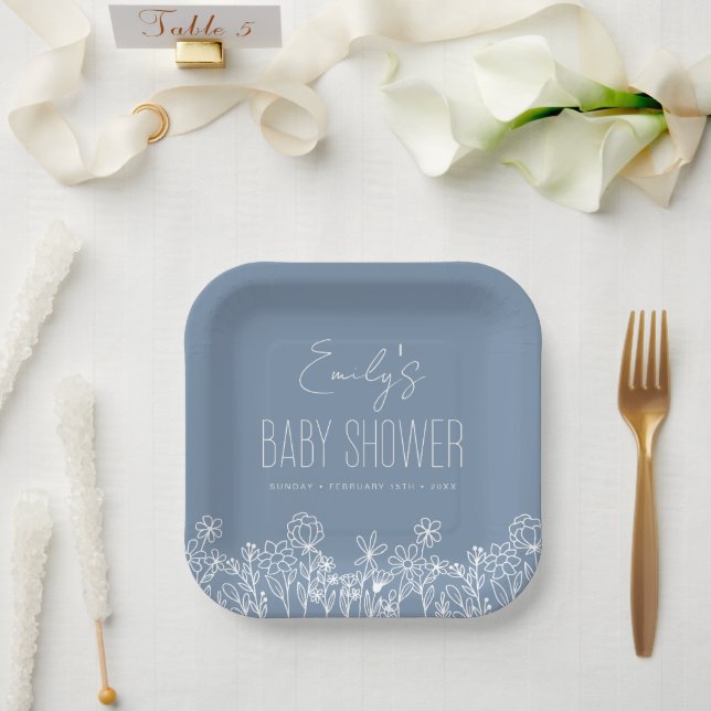 Dusty Blue Wildflower Boho Baby Shower In Bloom Paper Plates (Wedding)