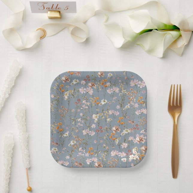 Dusty Blue Wildflower Boho Baby Shower In Bloom Paper Plates (Wedding)