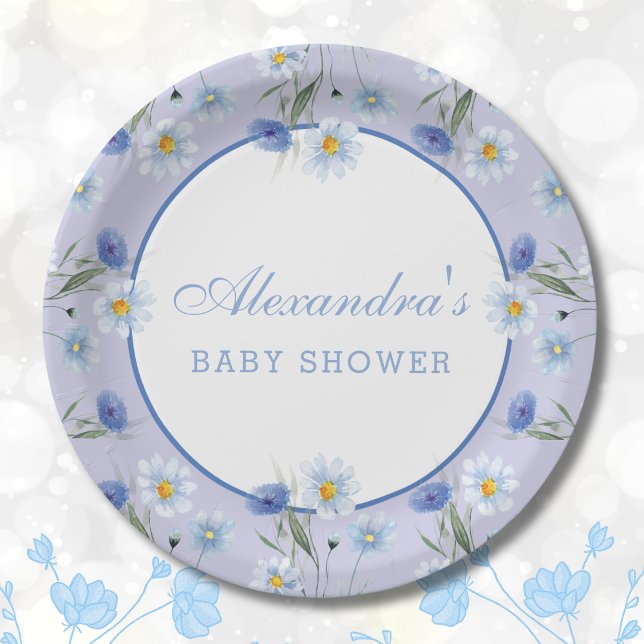 Dusty Blue Wildflower Boho Baby Shower Paper Plates (Creator Uploaded)