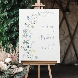 Dusty Blue Wildflower Boho Birthday Welcome Sign