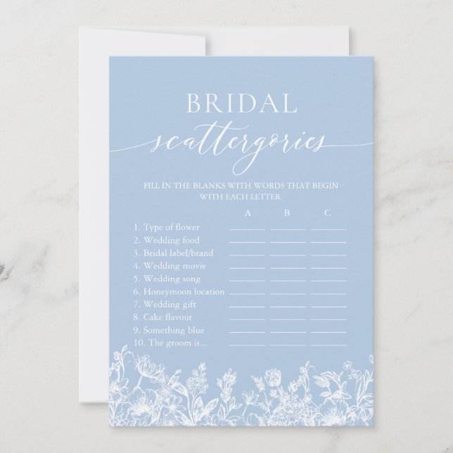 Dusty Blue Wildflower Bridal Scattergories Game Invitation (Front)