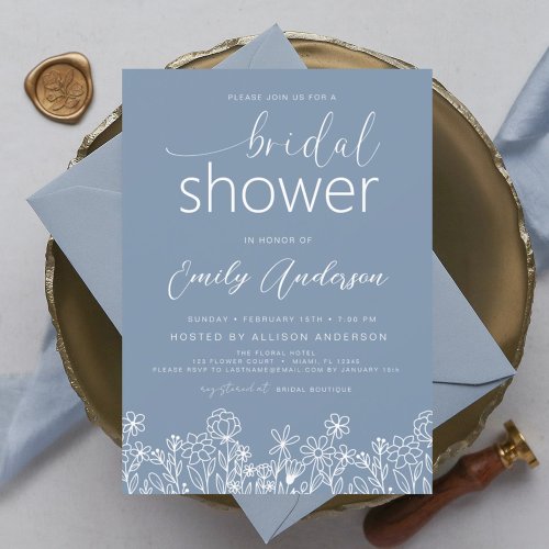 Dusty Blue Wildflower Bridal Shower Elegant  Invitation