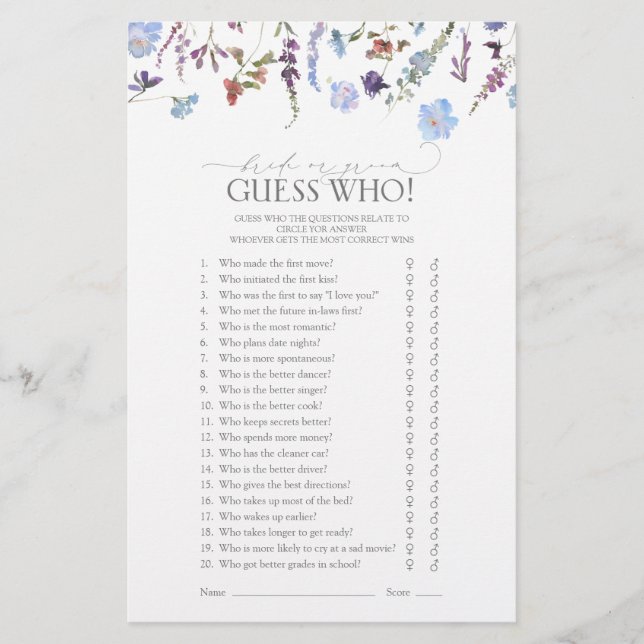 Dusty Blue Wildflower Bridal Shower Game (Front)