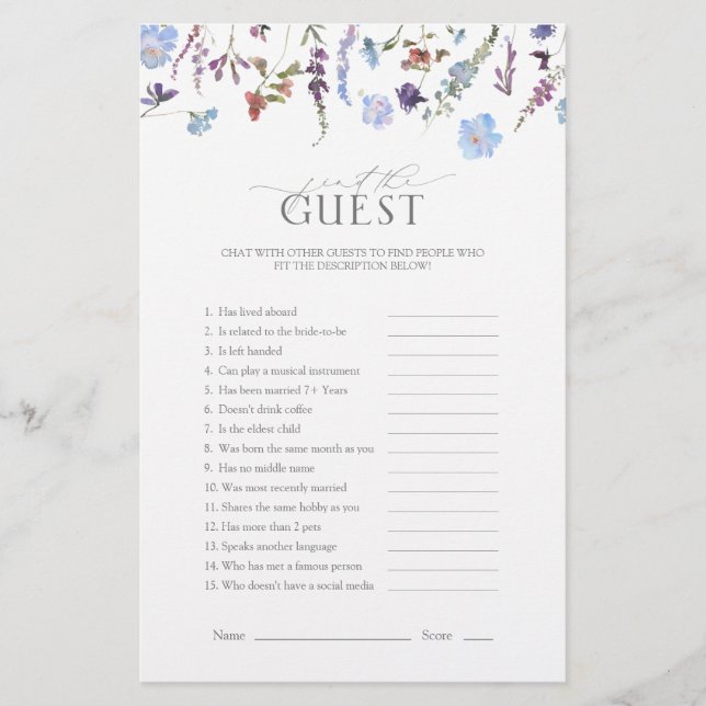 Dusty Blue Wildflower Bridal Shower Game (Front)