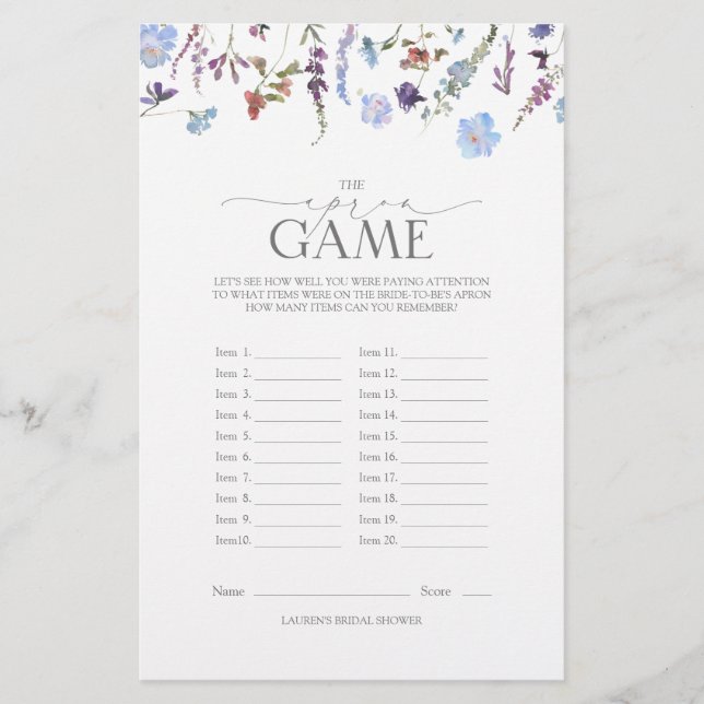 Dusty Blue Wildflower Bridal Shower Game (Front)