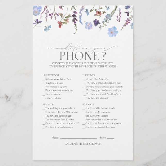 Dusty Blue Wildflower Bridal Shower Game (Front)