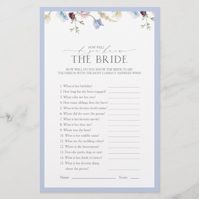 Dusty Blue Wildflower Bridal Shower Game (Front)