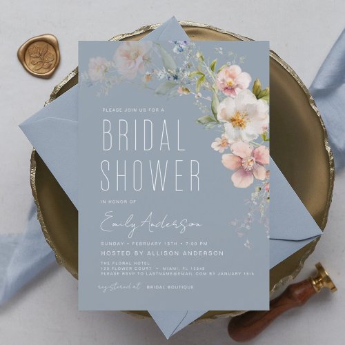 Dusty Blue Wildflower Bridal Shower Invitation