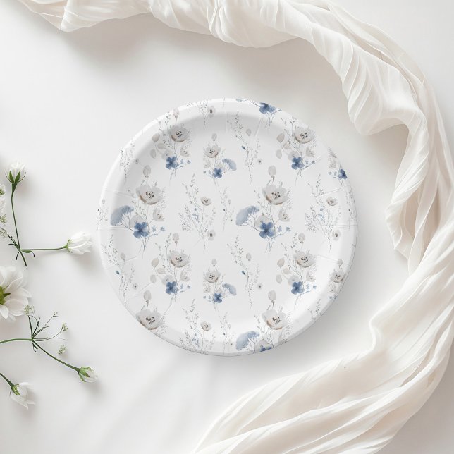 Dusty Blue Wildflower Bridal Shower Paper Plates (Creator Uploaded)