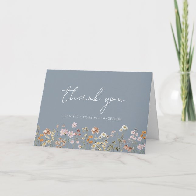 Dusty Blue Wildflower Bridal Shower Thank You Card (Front)
