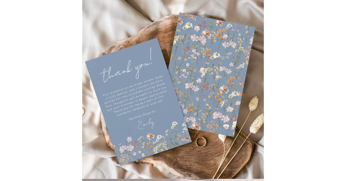 Dusty Blue Wildflower Bridal Shower Thank You Card | Zazzle