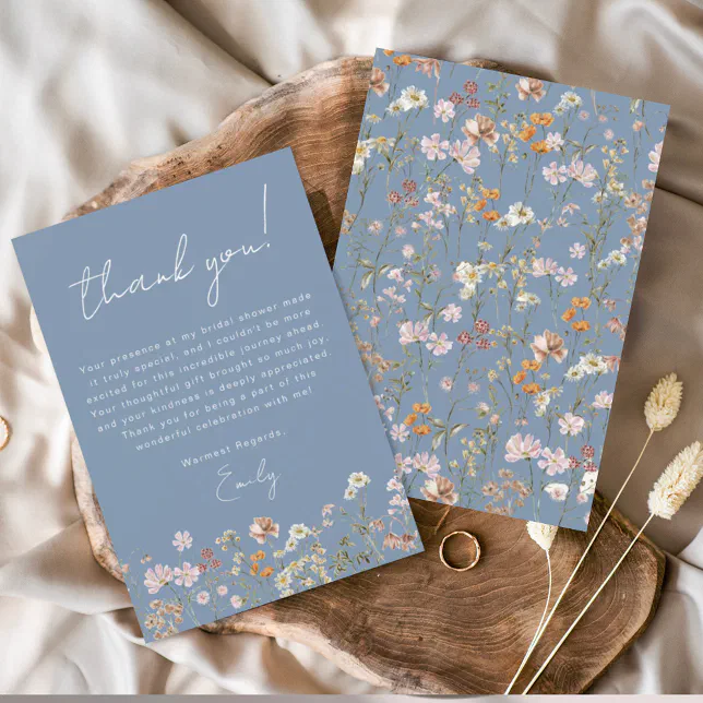 Dusty Blue Wildflower Bridal Shower Thank You Card | Zazzle