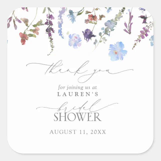 Dusty Blue Wildflower Bridal Shower Thank You Square Sticker | Zazzle