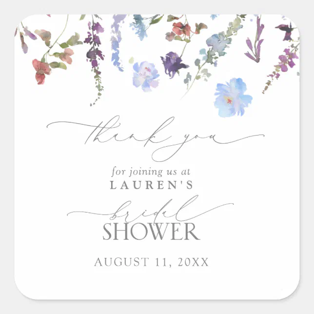 Dusty Blue Wildflower Bridal Shower Thank You Square Sticker | Zazzle