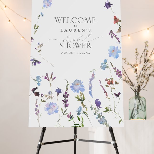 Dusty Blue Wildflower Bridal Shower Welcome Foam Board (In Situ (Stand))