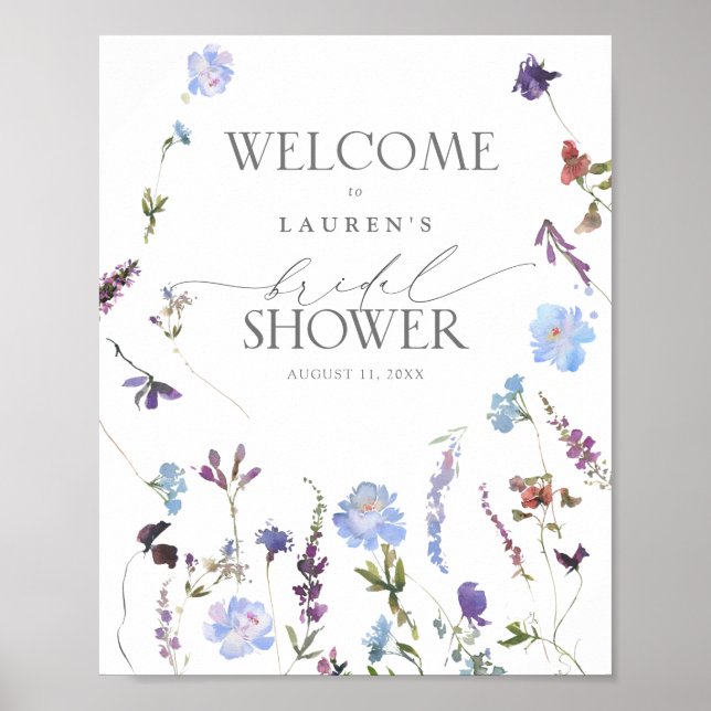 Dusty Blue Wildflower Bridal Shower Welcome Poster (Front)