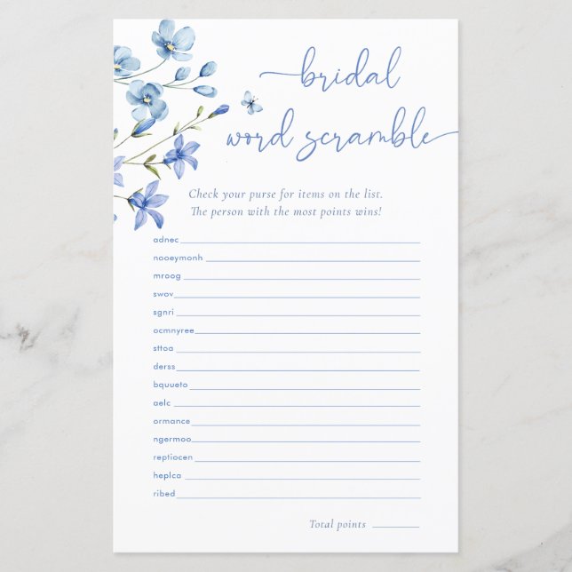 Dusty Blue Wildflower Bridal Word Scramble Game (Front)