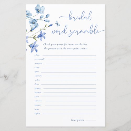 Dusty Blue Wildflower Bridal Word Scramble Game