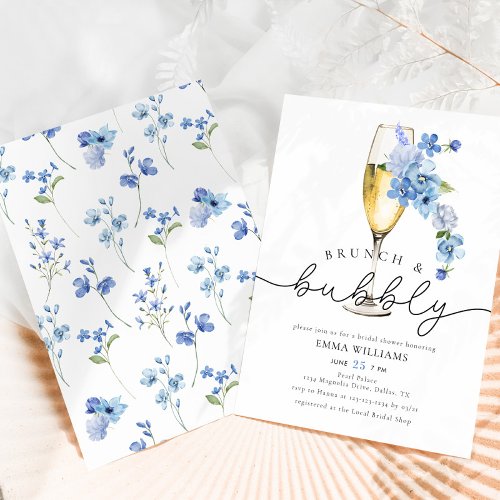 Dusty Blue Wildflower Brunch Bubbly Bridal Shower Invitation