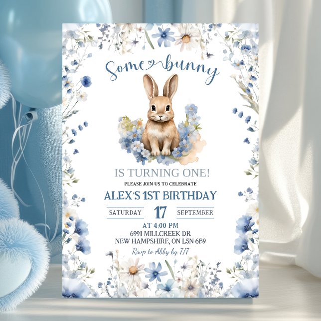 Dusty Blue Wildflower Bunny 1st Birthday Invitation (Creator Uploaded)