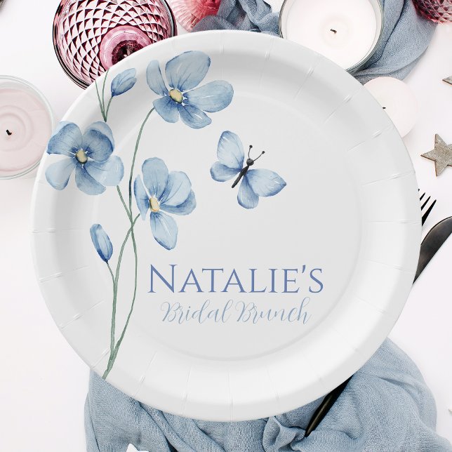 Dusty Blue Wildflower Butterfly Bridal Shower Paper Plates (Creator Uploaded)