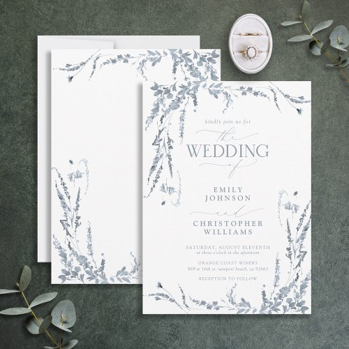 Dusty Blue Wildflower Calligraphy Wedding Invitation