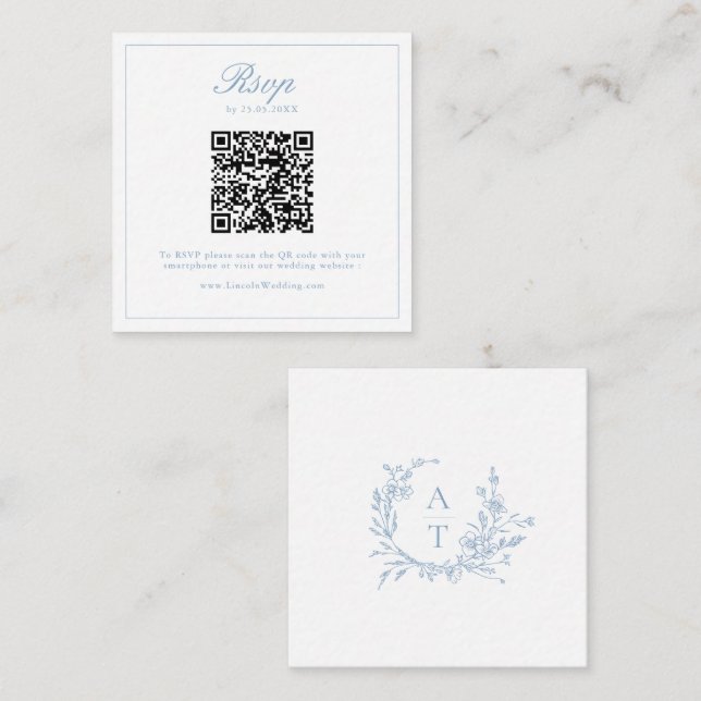 Dusty Blue Wildflower Crest Wedding QR Code RSVP  Enclosure Card (Front/Back)