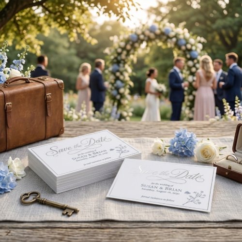 Dusty Blue Wildflower Elegant Script Save the Date Foil Invitation