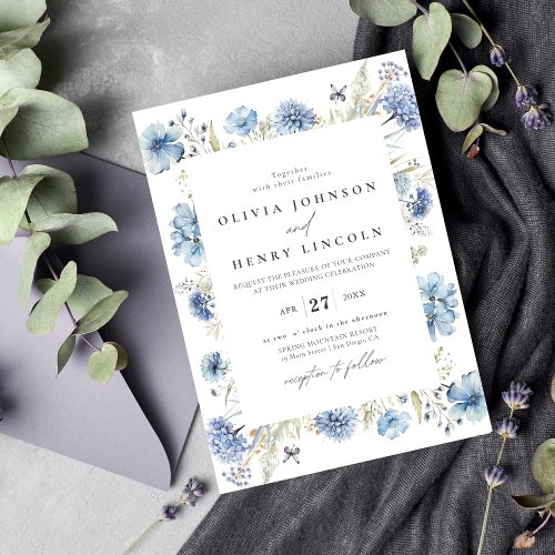 Dusty Blue Wildflower Elegant Wedding  Invitation