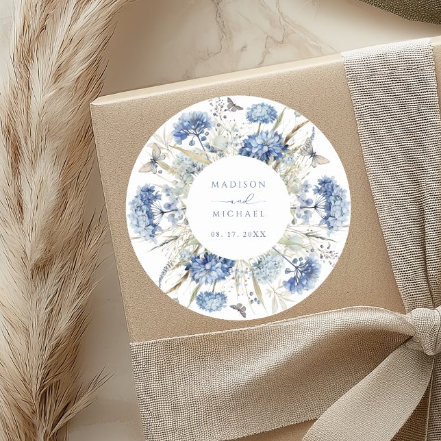 Dusty Blue Wildflower Floral Boho Wedding Classic Round Sticker (Creator Uploaded)