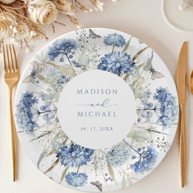 Dusty Blue Wildflower Floral Boho Wedding Paper Plates (Creator Uploaded)