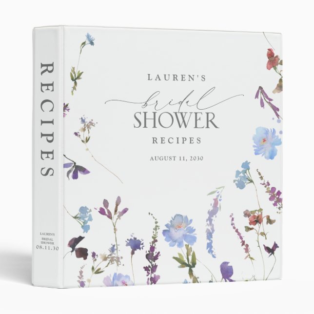 Dusty Blue Wildflower Floral Bridal Shower Recipe 3 Ring Binder (Front/Spine)