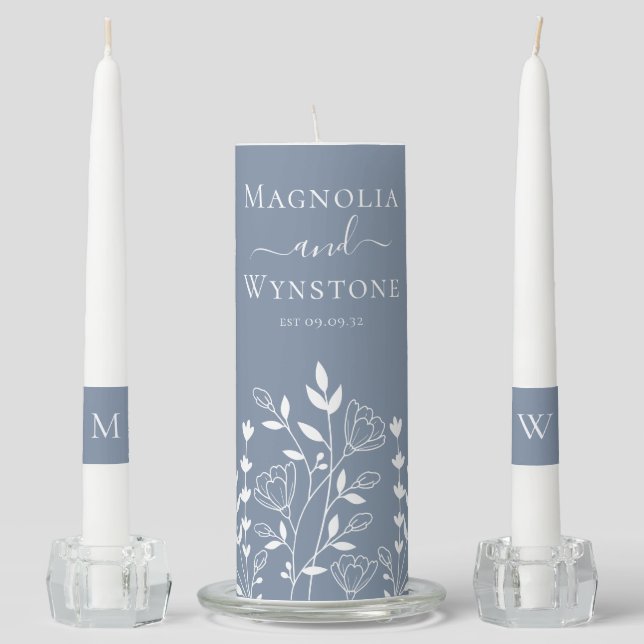 Dusty Blue Wildflower Floral Monogram Wedding  Unity Candle Set (Front)